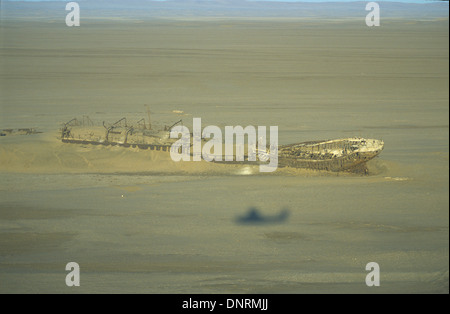 Aerial view of Eduard Bohlen boat wreck on shore in September 1909, Conception bay, Namibia, Africa Stock Photo