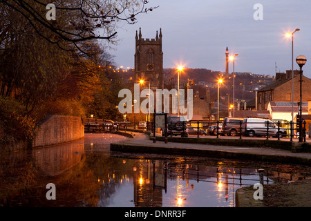 Rochdale Canal and Christ Church at dusk, Sowerby Bridge, West Yorkshire Stock Photo