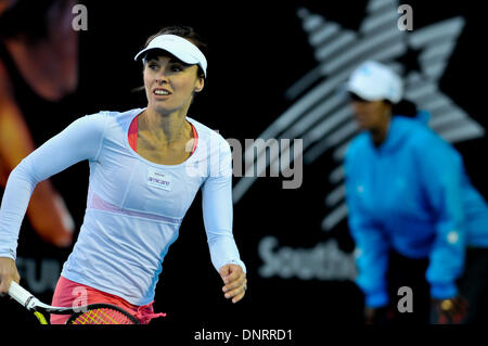 Hobart, Australia. 5th Jan, 2014. Martina Hingis of Switzerland competes in an exhibition match during the Hobart International tennis tournament in Hobart, Australia, Jan. 5, 2014. Credit:  Justin Qian/Xinhua/Alamy Live News Stock Photo