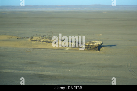 Aerial view of Eduard Bohlen boat wreck on shore in September 1909, Conception bay, Namibia, Africa Stock Photo