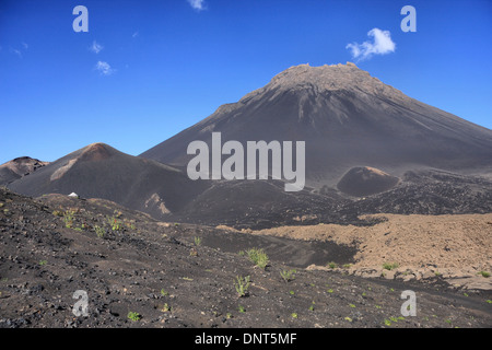 Lava field in Cha das Caldeiras (crater) showing the 1995 eruption and volcano Pico do Fogo on the island of Fogo, Cape Verde. Stock Photo