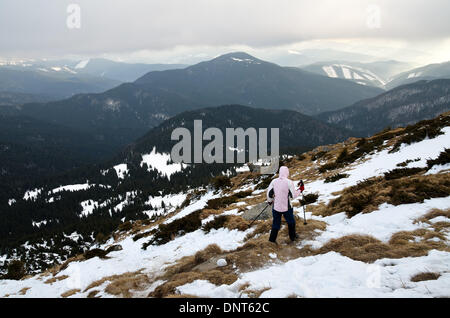 Carpathian mountains, Ukraine - Hikers climb up Mount Petros, one of the higher peaks in the Ukrainian Carpathian Mountains