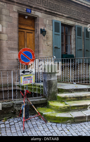 Temporary parking restriction in the Old Town of Geneva for the Escalade parade and running race, held each December Stock Photo