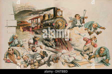 They can't hold up this train! 1893 October 11. President Cleveland as a railroad engineer driving a locomotive labeled 'Administration R.R.' that is roaring out of a tunnel labeled 'Business Depression Tunnel', and knocking out of the way legislators who are placing 'Dilatory Admendments' and 'Teller's Dilatory Tactics' on the tracks, trying to derail the train; among the legislators are Francis M. Cockrell, James Z. George, James L. Pugh, William A. Peffer, George G. Vest, James D. Cameron, William M. Stewart, Henry M. Teller, John P. Jones, and Edward O. Wolcott. Stock Photo