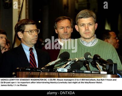 Jan. 25, 1999 - MONICA LEWINSKY STAKEOUT:  WASHINGTON DC: 01/25/99:  House managers (l to r) Bill McCollum, Asa Hutchinson and Ed Bryant speak to reporters after interviewing Monica Lewinsky last night at the Mayflower Hotel..James Kelly/(Credit Image: © Globe Photos/ZUMAPRESS.com) Stock Photo