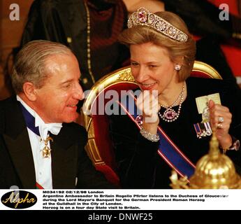 Dec. 2, 1998 - M034192 02/12/98 London.Argentine Ambassador to Britain Rogelio Pfirter listens to the Duchess of Gloucester.during the Lord Mayor's Banquet for the German President Roman Herzog.at the Guildhall in the City of London..Herzog is on a four day State visit to Britain.(Credit Image: © Globe Photos/ZUMAPRESS.com) Stock Photo