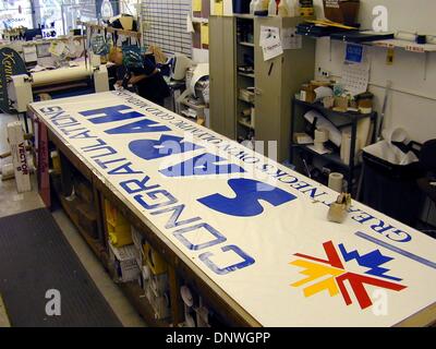 Feb. 22, 2002 - Great Neck, NY, USA - 2/22/02 Great Neck L.I. Sign-O-Rama in Great Neck prepares welcome home banner for gold medal winner Sarah Hughes.( Neil Schneider). Neil Schneider/(Credit Image: © Globe Photos/ZUMAPRESS.com) Stock Photo