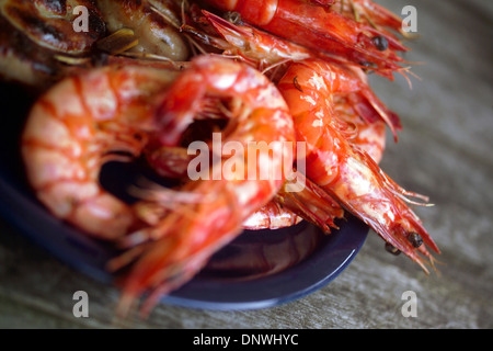 Plate of barbequed crevettes / Cooked prawns Stock Photo