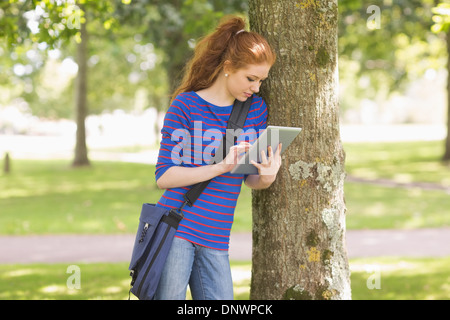 Redhead student leaning against a tree using her tablet pc Stock Photo
