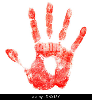 Red Human Hand Print On Black Background Isolated Close Up, Bloody 