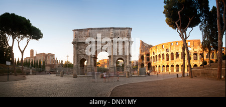 Panorama of the Colosseum and Arch of Constantine at sunset, Rome, Italy Stock Photo