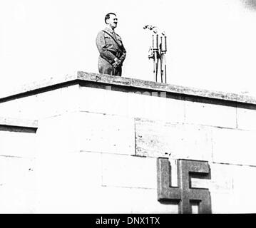 March 22, 1936 - Nuremberg, Bavaria, Germany - ADOLF HITLER Imperial Chancellor of Germany and the leader of the Nazi Party speaking at a Nuremberg Party Rally. Adolf Hitler (April 20, 1889ÐApril 30, 1945) was the Fuhrer und Reichskanzler (Leader and Imperial chancellor) of Germany from 1933 to his death. He was leader of the National Socialist German Workers Party (NSDAP), better  Stock Photo