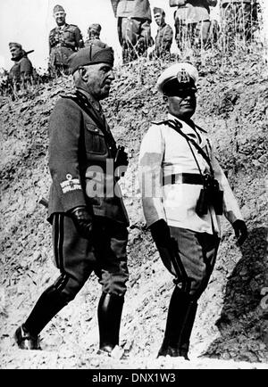 May 10, 1936 - Rome, Italy - BENITO MUSSOLINI (1883-1945) the Italian dictator and leader of the Fascist movement walking around camp with VICTOR EMMANUEL. (Credit Image: © KEYSTONE Pictures USA/ZUMAPRESS.com) Stock Photo
