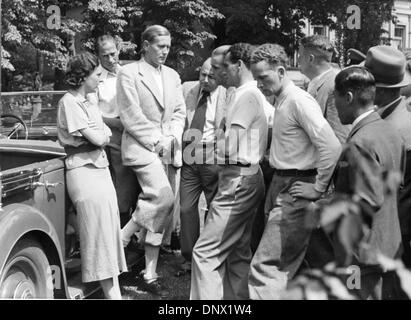 July 1, 1936 - Berlin, Germany - Controversial film-maker LENI RIEFENSTAHL, who made the Nazi propaganda film Triumph of the Will pictured during a last meeting with her crew, right before departure to Athens to shoot 'Olympia'. Riefenstahl became a favourite of German dictator Adolf Hitler in the 1930s, making films for his fascist regime. Riefenstahl is renowned in film history f Stock Photo