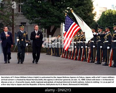 Jan. 13, 1999 - K14433JKEL         990113-D-9880W-029..Secretary of Defense William Cohen (right) is welcomed to the Japan Defense Agency in Tokyo, Japan, with a full honors military arrival ceremony hosted by Hosei Norota (left), the agency's director general, on Jan. 13, 1999.  Cohen will meet with Norota to discuss a range of security issues, both regional and global, of mutual  Stock Photo