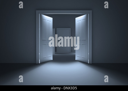 Door opening in dark room Stock Photo