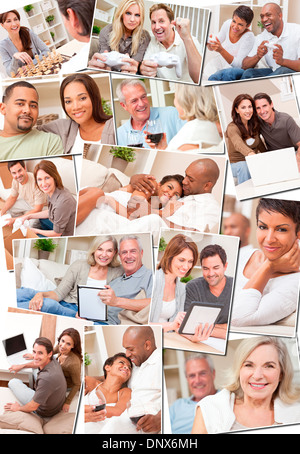 couples enjoying relaxing lifestyle at home, drinking wine, using tablet & laptop computer, unpacking boxes, playing video games Stock Photo