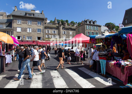 Murat, Cantal, Auvergne, France - 9 Aug 2013: A street market scene in the centre of town Stock Photo