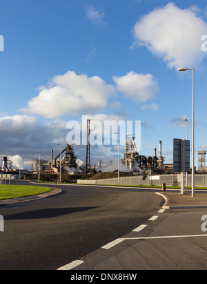 Port Talbot, Wales, UK - 20 November 2013: Port Talbot steelworks, West Glamorgan, Wales and the new A4241 Harbour Way Road Stock Photo