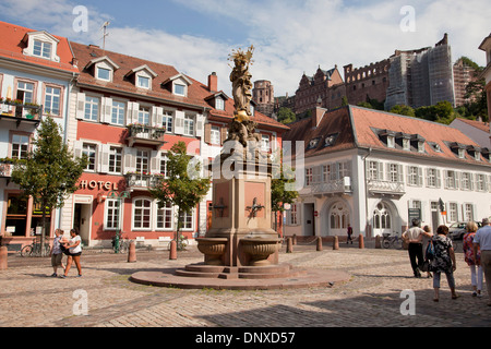 The Kornmarkt (Corn Market), market square with Madonna statue in the old part of twon, Heidelberg, Baden-Württemberg, Germany Stock Photo