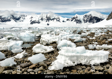 ANTARCTICA - Small blocks of ice washed ashore on the rocky beach at Cuverville Island in the Antarctic Peninsula. Stock Photo