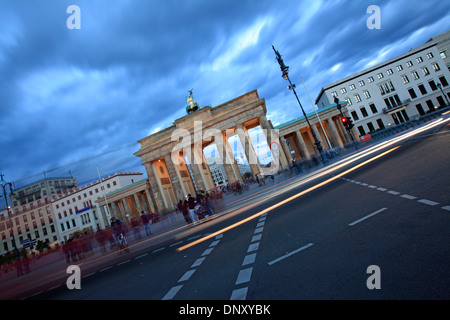 The Brandenburg Gate and light tracks, Berlin, Germany Stock Photo