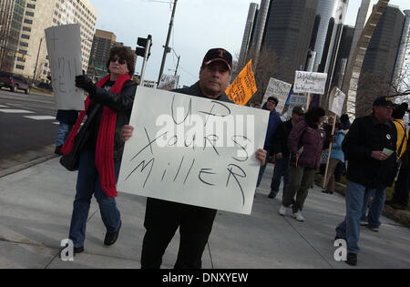 Jan 08, 2006; Detroit, Michigan, USA; Protesters march outside the Cobo Center in downtown Detroit where the North American International Auto Show is being held. The autoworkers, led by Soldiers of Solidarity, protested looming job and pensions cuts. Mandatory Credit: Photo by Mark Murrmann/ZUMA Press. (©) Copyright 2006 by Mark Murrmann