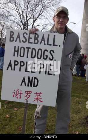 Jan 08, 2006; Detroit, Michigan, USA; An autoworker from Saginaw, Michigan marches outside the Cobo Center in downtown Detroit where the North American International Auto Show is being held. The autoworkers, led by Soldiers of Solidarity, protested looming job and pensions cuts. Mandatory Credit: Photo by Mark Murrmann/ZUMA Press. (©) Copyright 2006 by Mark Murrmann