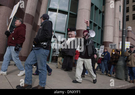 Jan 08, 2006; Detroit, Michigan, USA; Todd Jordan, an autoworker from Kokomo, Indiana and leader of Soldiers of Solidarity leads protesters as the march on the Cobo Center in downtown Detroit. The autoworkers protested looming job and pensions cuts. Mandatory Credit: Photo by Mark Murrmann/ZUMA Press. (©) Copyright 2006 by Mark Murrmann