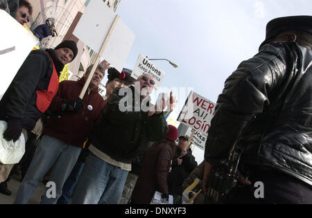Jan 08, 2006; Detroit, Michigan, USA; Protesting union autoworkers are cut off by police from getting near the Cobo Center in downtown Detroit where the North American International Auto Show is being held. Mandatory Credit: Photo by Mark Murrmann/ZUMA Press. (©) Copyright 2006 by Mark Murrmann