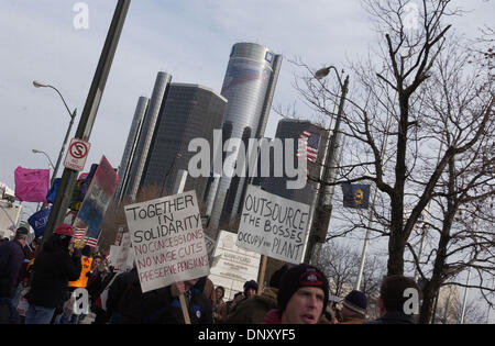 Jan 08, 2006; Detroit, Michigan, USA; Protesters march near the General Motors building in downtown Detroit, near the Cobo Center where the North American International Auto Show is being held. The autoworkers, led by Soldiers of Solidarity, were protesting looming job and pensions cuts. Mandatory Credit: Photo by Mark Murrmann/ZUMA Press. (©) Copyright 2006 by Mark Murrmann