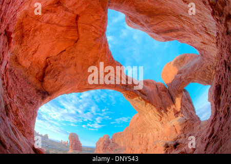 Double Arch, Arches National Park, Utah, Windows Section, Natural arches of Entrada sandstone Stock Photo