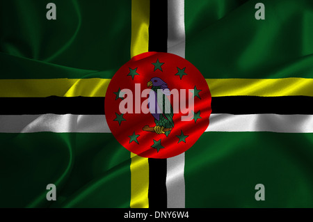 Dominica flag on satin texture. Stock Photo