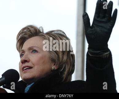 Jan 16, 2006; Manhattan, New York, USA; NY State Senator HILLARY CLINTON speaks as thousands of members and supporters of 1199 Service Employees International Union (SEIU) honor Dr. Martin Luther King with a march and rally in Harlem demanding justice for home health aides. 30,000 Aides provide care for elderly and sick New Yorkers and make about  hour with no health benefits and n Stock Photo