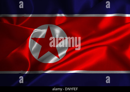 North Korea flag on satin texture. Stock Photo