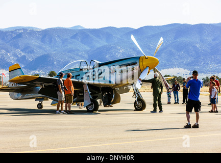 North American Aviation P-51 Mustang; American long-range, single-seat fighter and fighter-bomber. Antique and modern airplanes Stock Photo