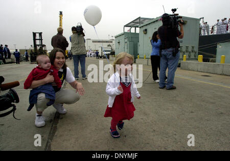 (Published on SignOn: 06/02/2003) Anna Keniston, 2-1/2, breaks away from her mother, Sarah, and brother, Evan, 5 months, to greet her father Lt. Corey Keniston, as he disembarks the USS Bunker Hill at the San Diego Naval Station.--Laura Embry/Union-Tribune Stock Photo