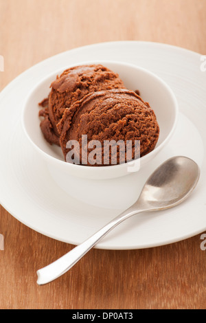 Two Scoops of chocolate ice cream on the white plate with the spoon Stock Photo