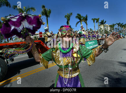 Mar 11, 2006; Delray Beach, FL, USA; (l-r) Mummer Marie Squirlock (cq) marched in the 38th annual St. Patrick's Day parade on Atlantic Ave., Saturday.  Thousands of people lined Atlantic Ave. to watch 3 bagpipe bands, a brass band, floats, fire trucks, Mummers and revelers pass by.   Mandatory Credit: Photo by Bob Shanley/Palm Beach Post/ZUMA Press. (©) Copyright 2006 by Palm Beach Stock Photo