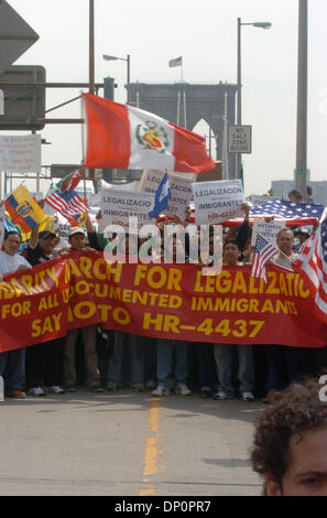 Apr 01, 2006; Manhattan, NY, USA; Tens of thousands of immigrants and supporters march across the Brooklyn Bridge to a rally outside the Federal Building in lower Manhattan as they demonstrate against possible immigration reform in Congress. The legislation, HR 4437, introduced by US Congressmen James Sensenbrenner of Wisconsin and Peter King of New York, would criminalize any indi Stock Photo