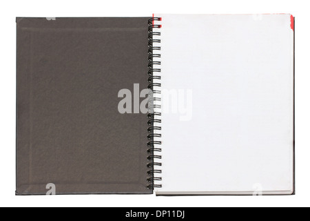 Open blank notebook black cover isolated on white. Stock Photo