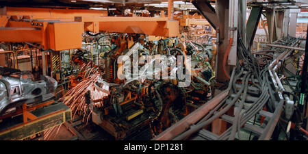 Apr 13, 2006; Detroit, MI, USA; (FILE PHOTO: Exact date 07-29-2001) DaimlerChrysler to Sell Manufacturing Assets from Sterling Heights Assembly Plant. Pictured: The shells of the new 2001 Chrysler Sebring and Dodge Stratus are welded by robots in the Sterling Heights Assembly Plant outside Detroit as the assembly line begins slow adjustment to the changes in the new model.   Mandat Stock Photo