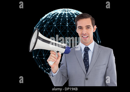 Composite image of smiling businessman holding a megaphone Stock Photo
