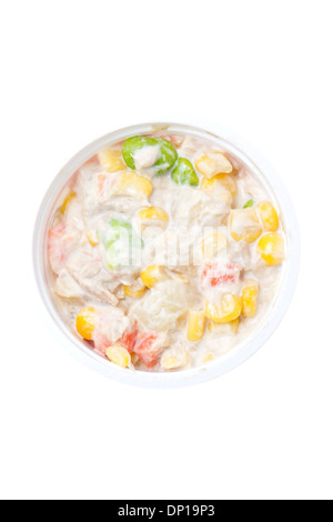 Tuna salad in plastic bowl isolated on white background. Stock Photo