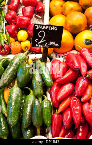 Chilli peppers, Boqueria market, La Rambla, Barcelona, Catalonia, Spain Stock Photo
