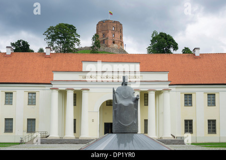 Monument of King Mindaugas in front of the National Museum, the Gediminas Tower at the back, Vilnius, Vilnius district