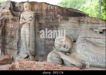 Rock reliefs, a standing and a reclining Buddha, Gal Vihara Temple, Polonnaruwa, Sri Lanka Stock Photo