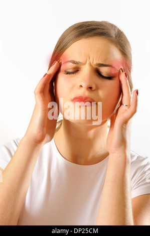 Girl has a headache, isolated on white Stock Photo