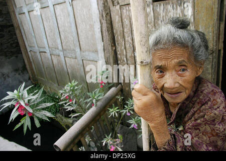 May 17, 2006; Magelang, Central Java, INDONESIA; An elderly villager of Gowok Sabrang, Dukun District stays in her house and refuses to move to refugee camps, with leaves that covered by dust from Merapi eruption as background. View days after Mount Merapi spewed host ash; the village is covered by dust shower.  Mandatory Credit: Photo by Toto Santiko Budi/Jiwafoto/ZUMA Press. (©)  Stock Photo