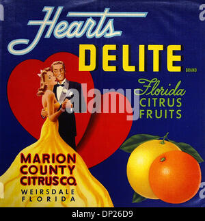 May 18, 2006; Miami, FL, USA; This vintage fruit crate label promotes the Hearts DELITE  brand of Florida Citrus Fruits.  This brand of fruit was distributed by the Marion County Citrus Company based in Weirsdale Florida.  Mandatory Credit: Photo by Historical Museum of Southern Florida/Palm Beach Post/ZUMA Press. (©) Copyright 2006 by Palm Beach Post Stock Photo